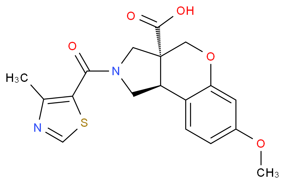 (3aR*,9bR*)-7-methoxy-2-[(4-methyl-1,3-thiazol-5-yl)carbonyl]-1,2,3,9b-tetrahydrochromeno[3,4-c]pyrrole-3a(4H)-carboxylic acid_分子结构_CAS_)