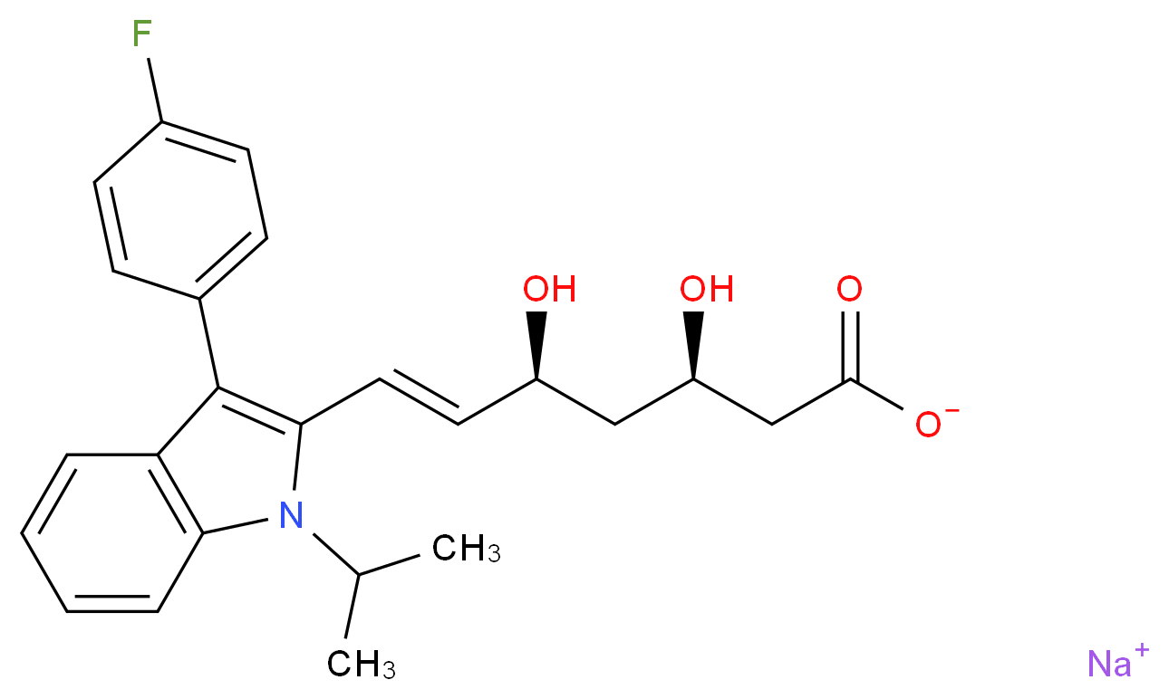 sodium (3R,5S,6E)-7-[3-(4-fluorophenyl)-1-(propan-2-yl)-1H-indol-2-yl]-3,5-dihydroxyhept-6-enoate_分子结构_CAS_93957-55-2