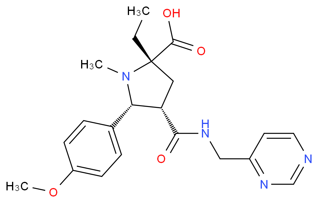 (2S*,4S*,5R*)-2-ethyl-5-(4-methoxyphenyl)-1-methyl-4-{[(pyrimidin-4-ylmethyl)amino]carbonyl}pyrrolidine-2-carboxylic acid_分子结构_CAS_)
