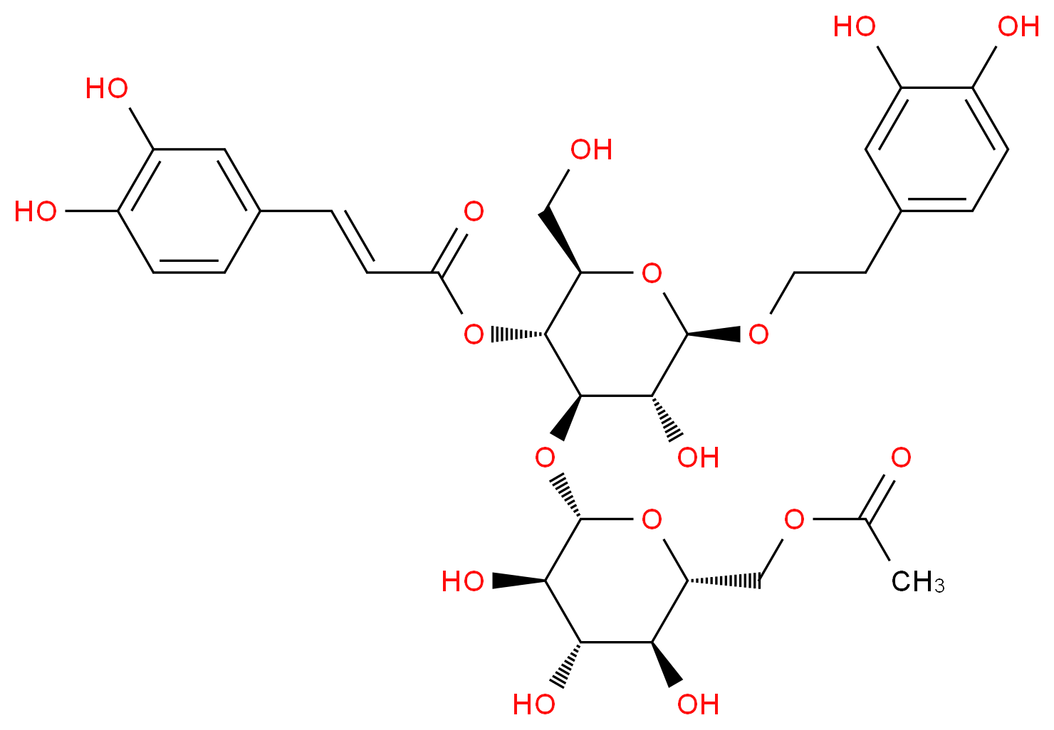 (2R,3R,4R,5R,6R)-4-{[(2S,3R,4S,5S,6R)-6-[(acetyloxy)methyl]-3,4,5-trihydroxyoxan-2-yl]oxy}-6-[2-(3,4-dihydroxyphenyl)ethoxy]-5-hydroxy-2-(hydroxymethyl)oxan-3-yl (2E)-3-(3,4-dihydroxyphenyl)prop-2-enoate_分子结构_CAS_165338-28-3