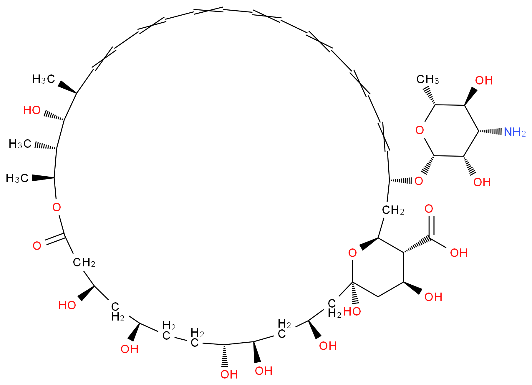 (1R,3S,5R,6R,9R,11R,15S,16R,17R,18S,33R,35S,36R,37S)-33-{[(2R,3S,4S,5S,6R)-4-amino-3,5-dihydroxy-6-methyloxan-2-yl]oxy}-1,3,5,6,9,11,17,37-octahydroxy-15,16,18-trimethyl-13-oxo-14,39-dioxabicyclo[33.3.1]nonatriaconta-19,21,23,25,27,29,31-heptaene-36-carboxylic acid_分子结构_CAS_1397-89-3