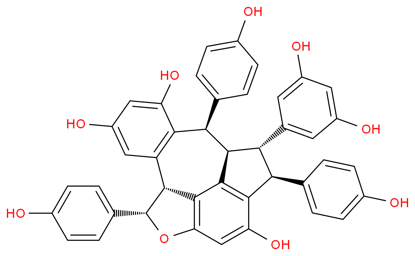 (1R,2S,3S,9S,10R,17R)-2-(3,5-dihydroxyphenyl)-3,9,17-tris(4-hydroxyphenyl)-8-oxapentacyclo[8.7.2.0<sup>4</sup>,<sup>1</sup><sup>8</sup>.0<sup>7</sup>,<sup>1</sup><sup>9</sup>.0<sup>1</sup><sup>1</sup>,<sup>1</sup><sup>6</sup>]nonadeca-4(18),5,7(19),11(16),12,14-hexaene-5,13,15-triol_分子结构_CAS_625096-18-6