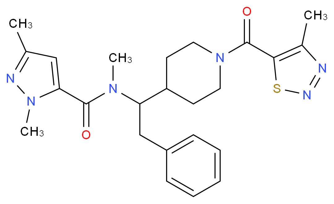 N,1,3-trimethyl-N-(1-{1-[(4-methyl-1,2,3-thiadiazol-5-yl)carbonyl]-4-piperidinyl}-2-phenylethyl)-1H-pyrazole-5-carboxamide_分子结构_CAS_)