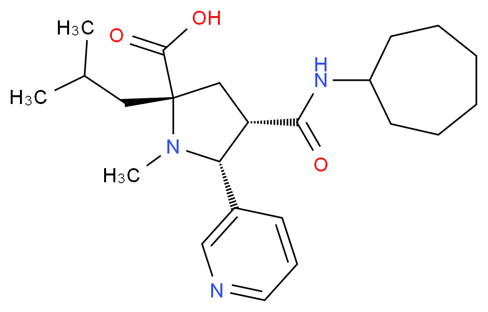 (2S*,4S*,5R*)-4-[(cycloheptylamino)carbonyl]-2-isobutyl-1-methyl-5-pyridin-3-ylpyrrolidine-2-carboxylic acid_分子结构_CAS_)