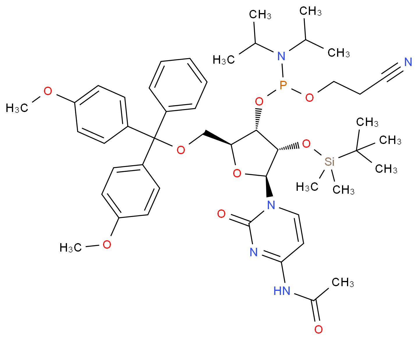 N-{1-[(2S,3S,4S,5S)-5-{[bis(4-methoxyphenyl)(phenyl)methoxy]methyl}-4-({[bis(propan-2-yl)amino](2-cyanoethoxy)phosphanyl}oxy)-3-[(tert-butyldimethylsilyl)oxy]oxolan-2-yl]-2-oxo-1,2-dihydropyrimidin-4-yl}acetamide_分子结构_CAS_121058-88-6