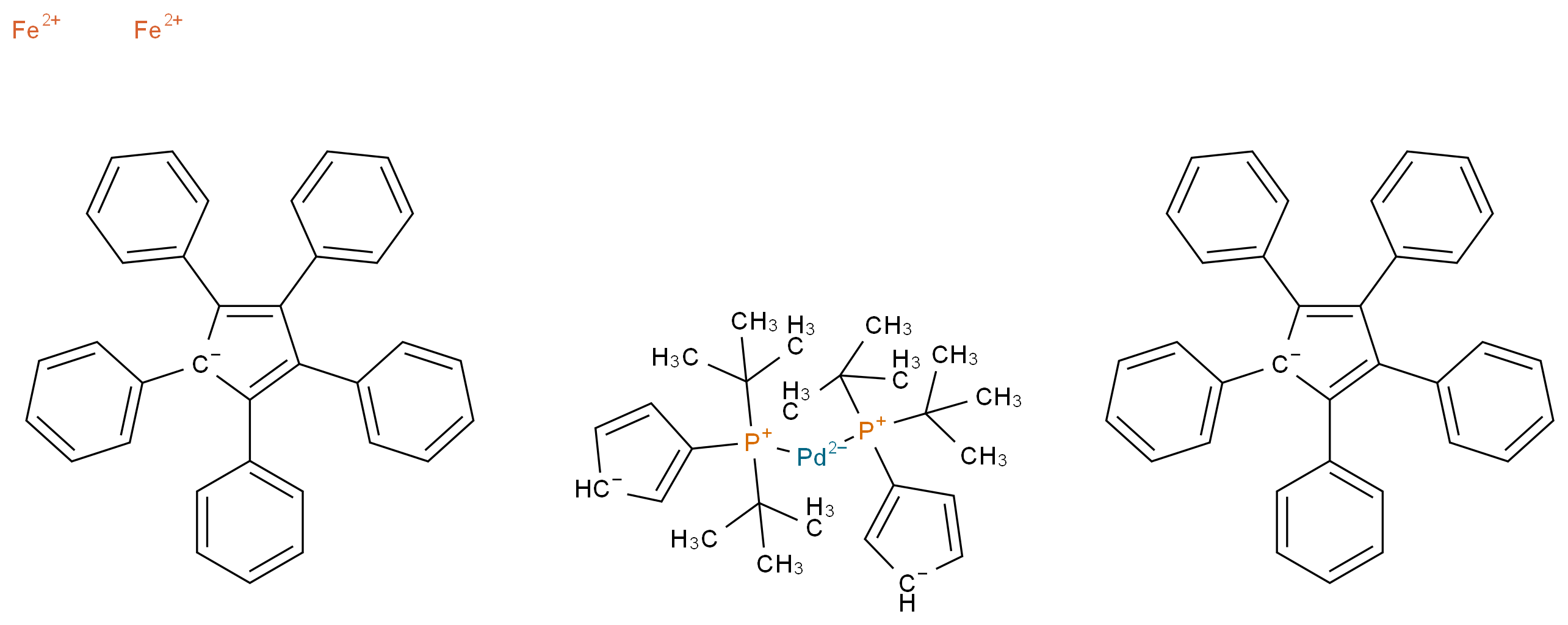 bis(λ<sup>2</sup>-iron(2+) ion) bis[di-tert-butyl(cyclopenta-1,4-dien-3-id-1-yl)phosphaniumyl]palladiumdiuide bis(pentaphenylcyclopenta-2,4-dien-1-ide)_分子结构_CAS_565441-56-7