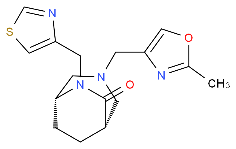 (1S*,5R*)-3-[(2-methyl-1,3-oxazol-4-yl)methyl]-6-(1,3-thiazol-4-ylmethyl)-3,6-diazabicyclo[3.2.2]nonan-7-one_分子结构_CAS_)