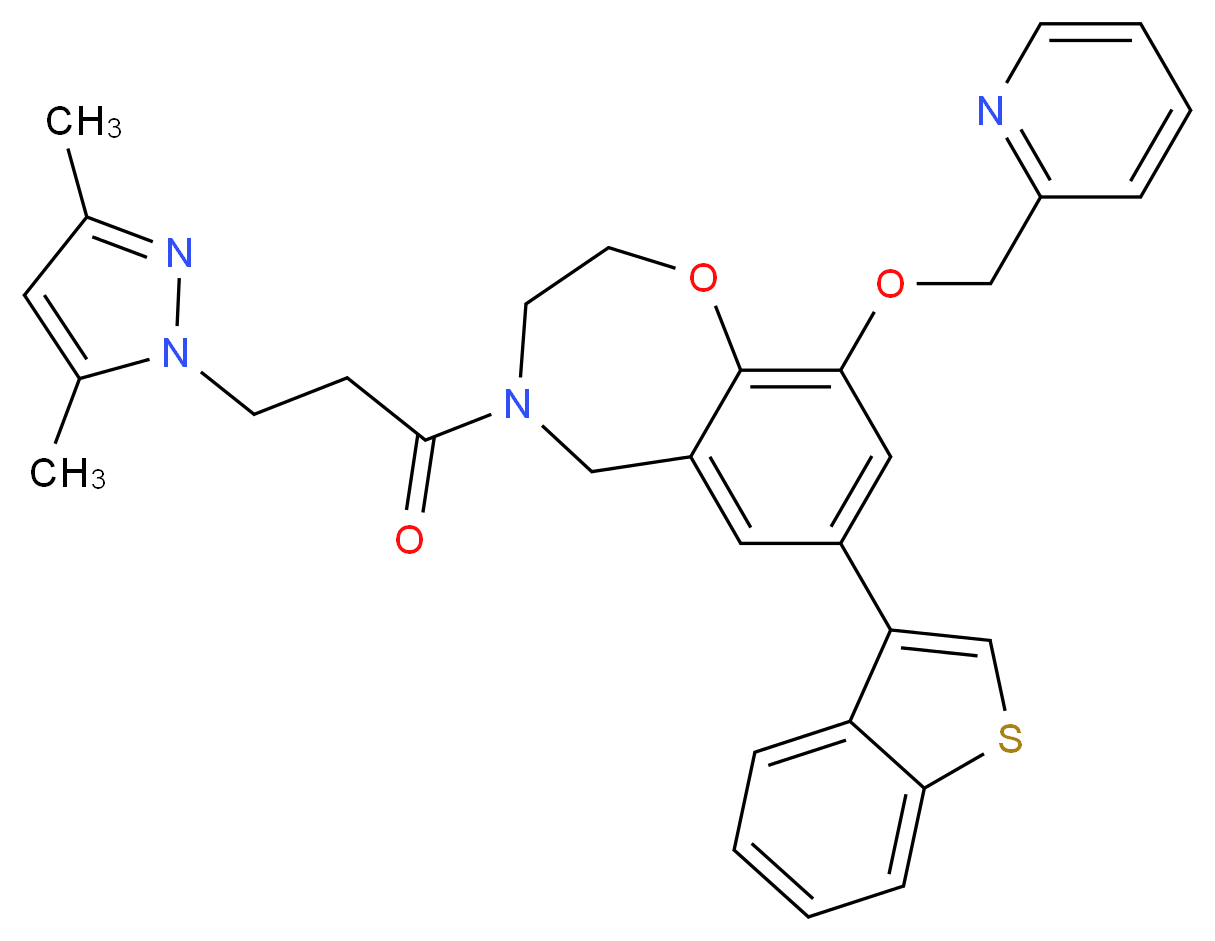 7-(1-benzothien-3-yl)-4-[3-(3,5-dimethyl-1H-pyrazol-1-yl)propanoyl]-9-(2-pyridinylmethoxy)-2,3,4,5-tetrahydro-1,4-benzoxazepine_分子结构_CAS_)