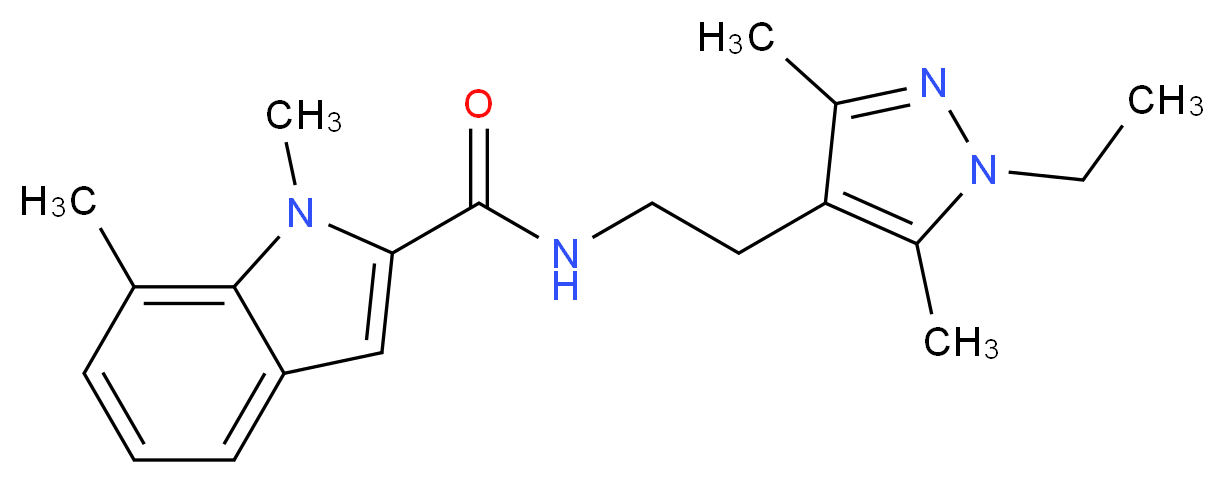 N-[2-(1-ethyl-3,5-dimethyl-1H-pyrazol-4-yl)ethyl]-1,7-dimethyl-1H-indole-2-carboxamide_分子结构_CAS_)