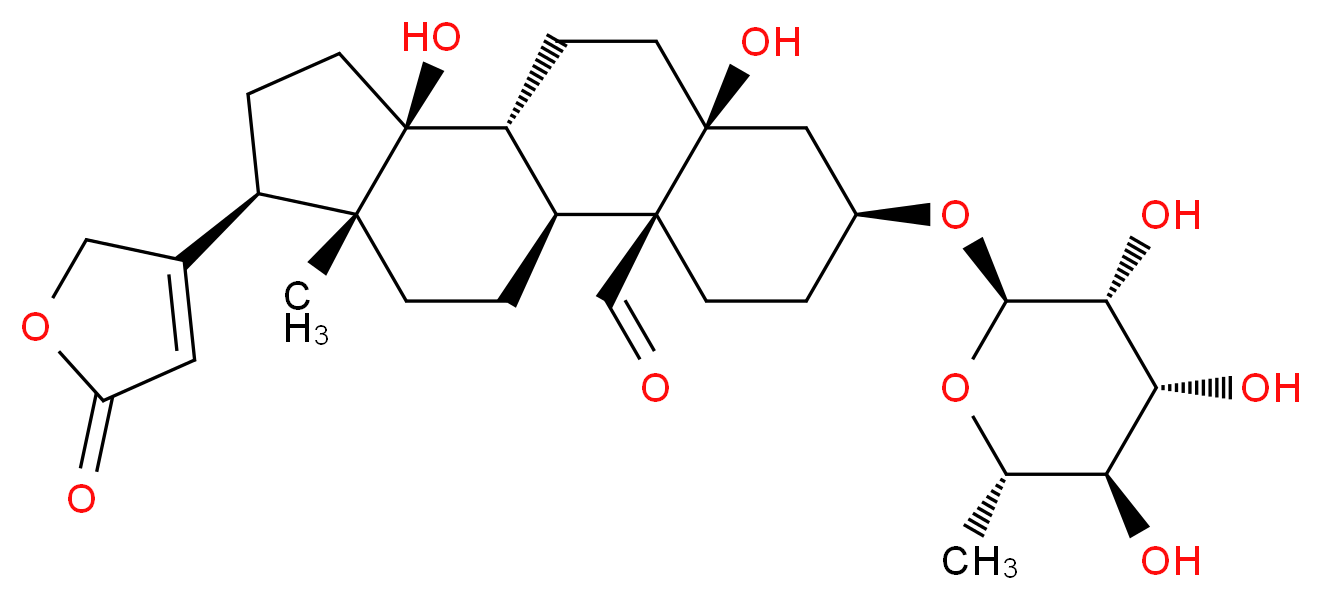 (1S,2S,5S,7S,10R,11S,14R,15R)-7,11-dihydroxy-15-methyl-14-(5-oxo-2,5-dihydrofuran-3-yl)-5-{[(2R,3R,4R,5R,6S)-3,4,5-trihydroxy-6-methyloxan-2-yl]oxy}tetracyclo[8.7.0.0^{2,7}.0^{11,15}]heptadecane-2-carbaldehyde_分子结构_CAS_508-75-8