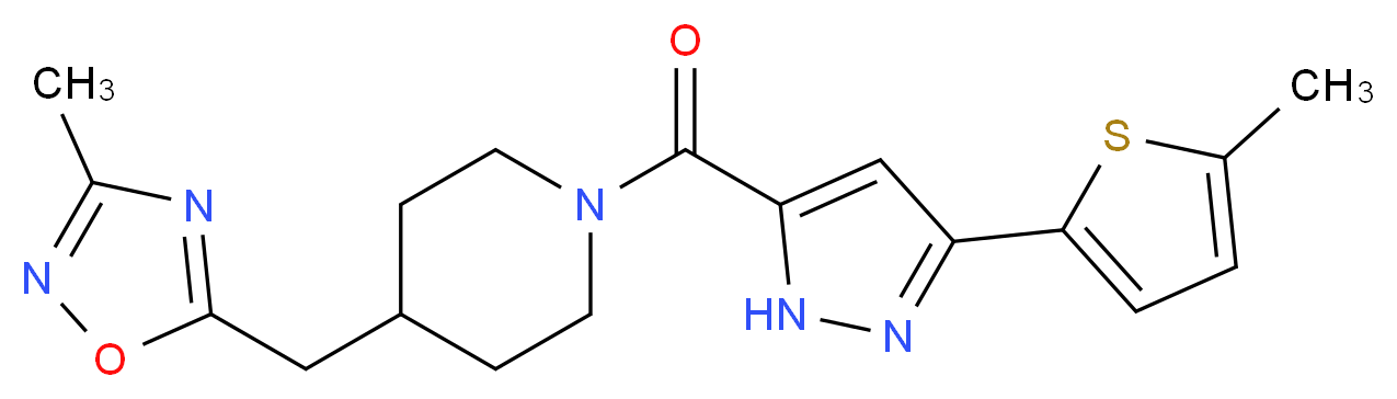 4-[(3-methyl-1,2,4-oxadiazol-5-yl)methyl]-1-{[3-(5-methyl-2-thienyl)-1H-pyrazol-5-yl]carbonyl}piperidine_分子结构_CAS_)