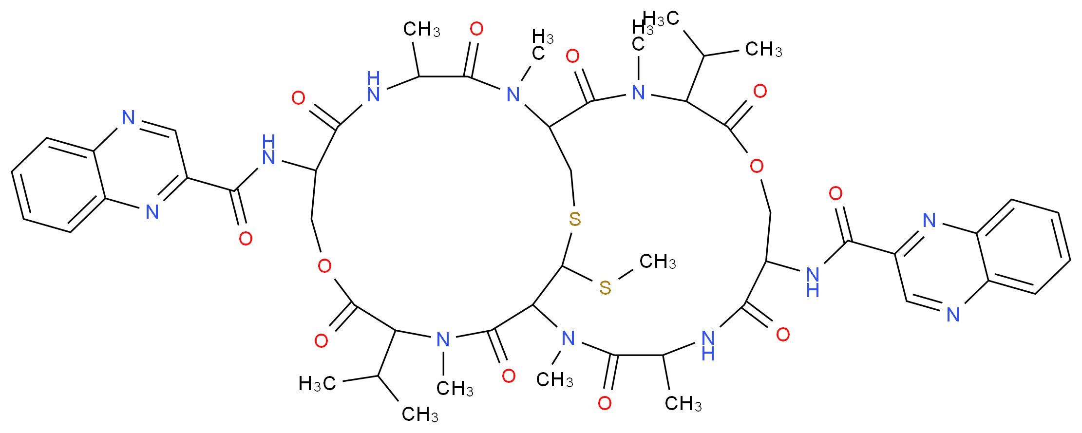 N-[2,4,12,15,17,25-hexamethyl-29-(methylsulfanyl)-3,6,10,13,16,19,23,26-octaoxo-11,24-bis(propan-2-yl)-20-(quinoxaline-2-amido)-9,22-dioxa-28-thia-2,5,12,15,18,25-hexaazabicyclo[12.12.3]nonacosan-7-yl]quinoxaline-2-carboxamide_分子结构_CAS_512-64-1