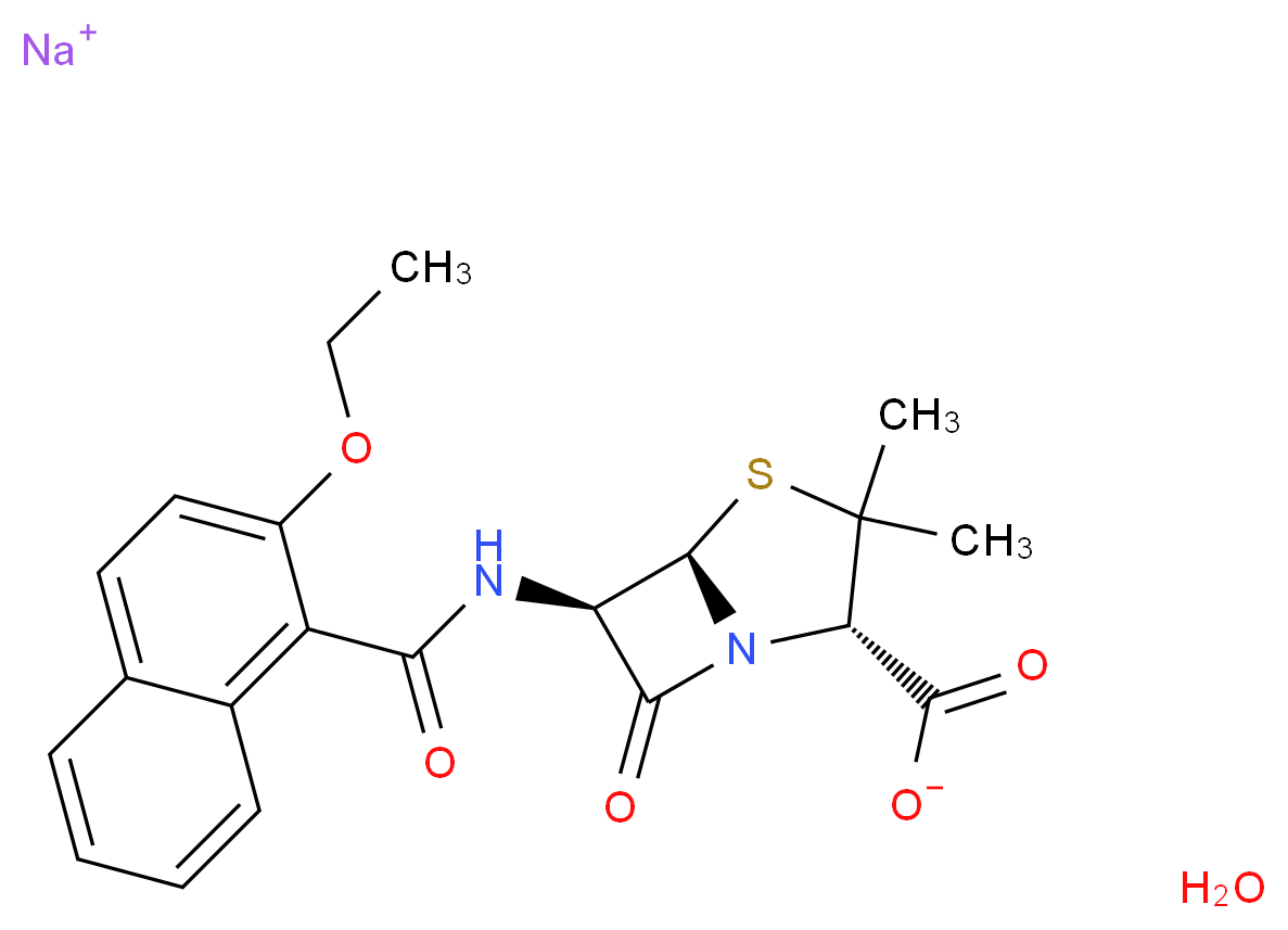 sodium (2S,5R,6R)-6-(2-ethoxynaphthalene-1-amido)-3,3-dimethyl-7-oxo-4-thia-1-azabicyclo[3.2.0]heptane-2-carboxylate hydrate_分子结构_CAS_7177-50-6