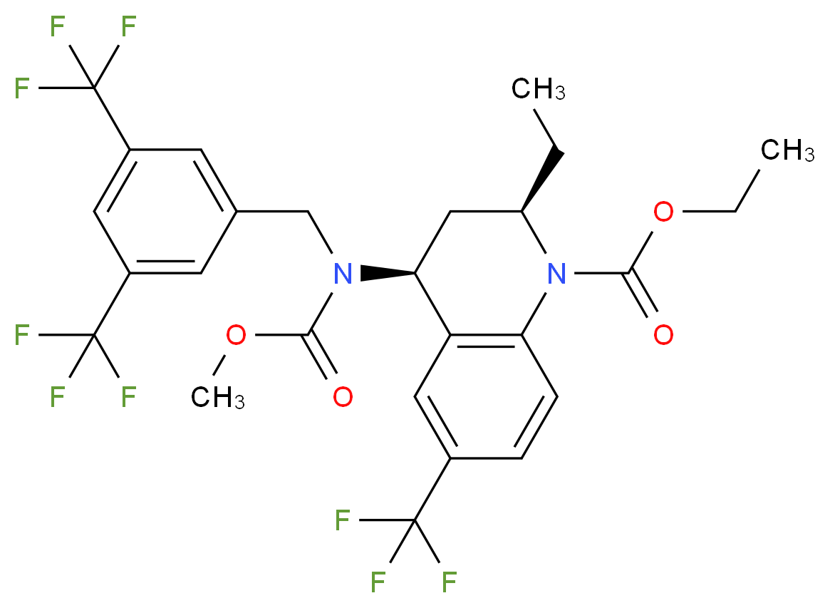 ethyl (2R,4S)-4-({[3,5-bis(trifluoromethyl)phenyl]methyl}(methoxycarbonyl)amino)-2-ethyl-6-(trifluoromethyl)-1,2,3,4-tetrahydroquinoline-1-carboxylate_分子结构_CAS_262352-17-0