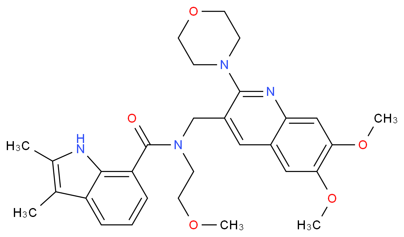N-{[6,7-dimethoxy-2-(4-morpholinyl)-3-quinolinyl]methyl}-N-(2-methoxyethyl)-2,3-dimethyl-1H-indole-7-carboxamide_分子结构_CAS_)