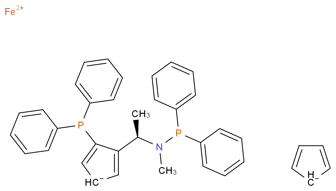 λ<sup>2</sup>-iron(2+) ion 3-(diphenylphosphanyl)-4-[(1R)-1-[(diphenylphosphanyl)(methyl)amino]ethyl]cyclopenta-2,4-dien-1-ide cyclopenta-2,4-dien-1-ide_分子结构_CAS_406681-09-2