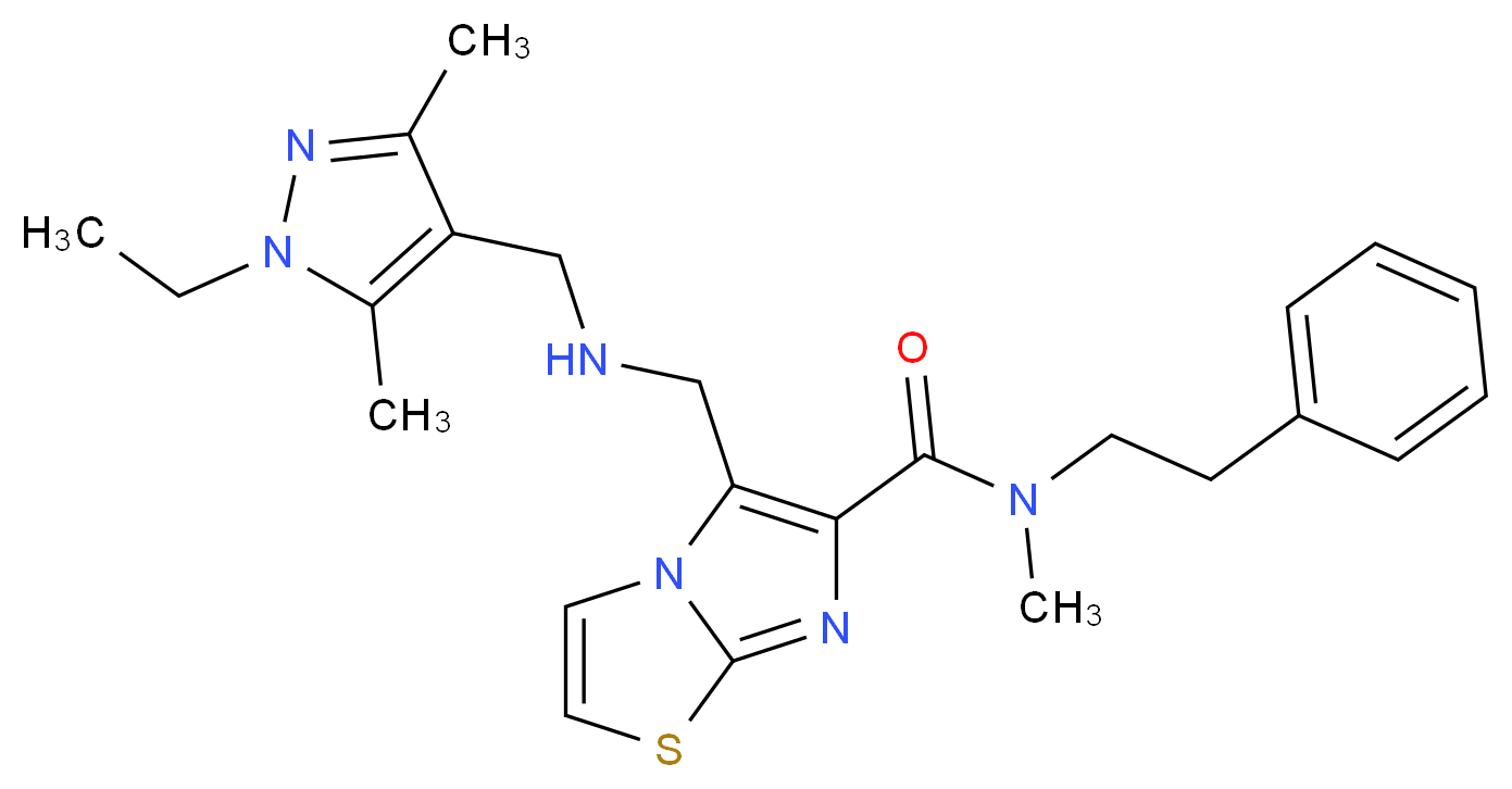 5-({[(1-ethyl-3,5-dimethyl-1H-pyrazol-4-yl)methyl]amino}methyl)-N-methyl-N-(2-phenylethyl)imidazo[2,1-b][1,3]thiazole-6-carboxamide_分子结构_CAS_)