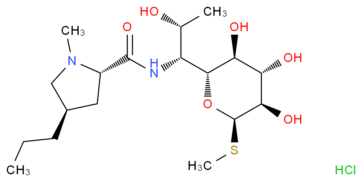 (2S,4R)-N-[(1R,2R)-2-hydroxy-1-[(2R,3S,4S,5R,6R)-3,4,5-trihydroxy-6-(methylsulfanyl)oxan-2-yl]propyl]-1-methyl-4-propylpyrrolidine-2-carboxamide hydrochloride_分子结构_CAS_859-18-7