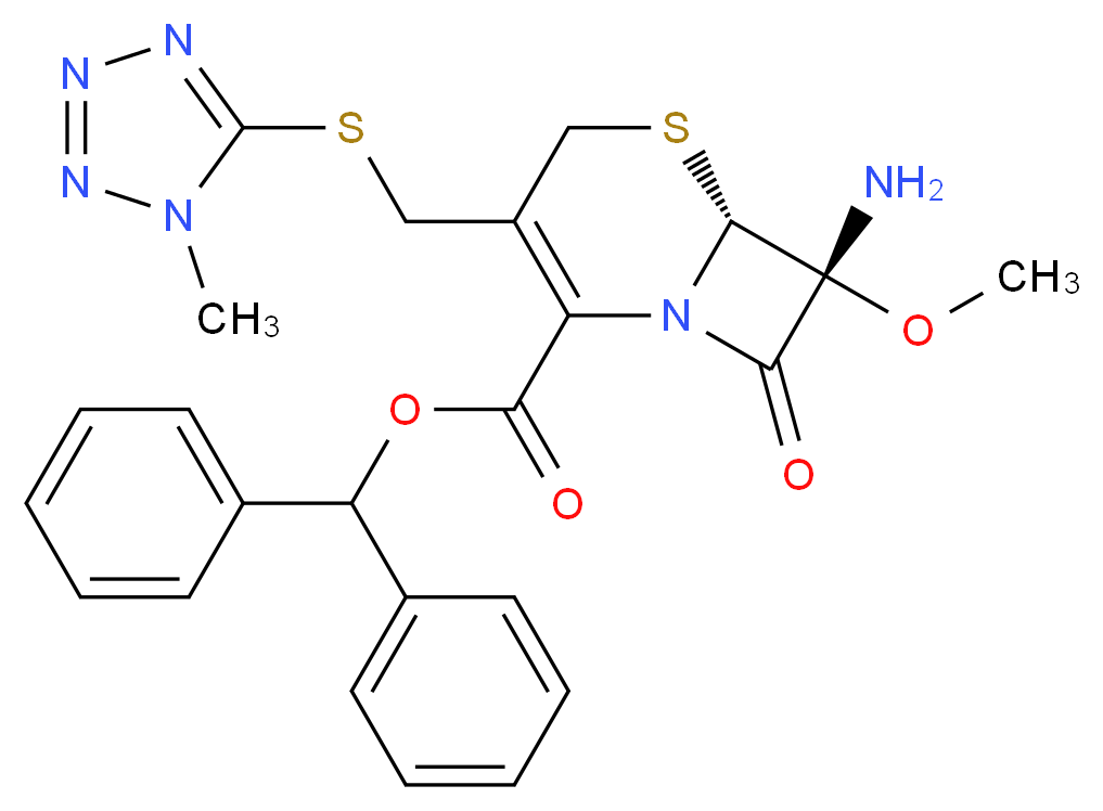 diphenylmethyl (6R,7R)-7-amino-7-methoxy-3-{[(1-methyl-1H-1,2,3,4-tetrazol-5-yl)sulfanyl]methyl}-8-oxo-5-thia-1-azabicyclo[4.2.0]oct-2-ene-2-carboxylate_分子结构_CAS_56610-72-1