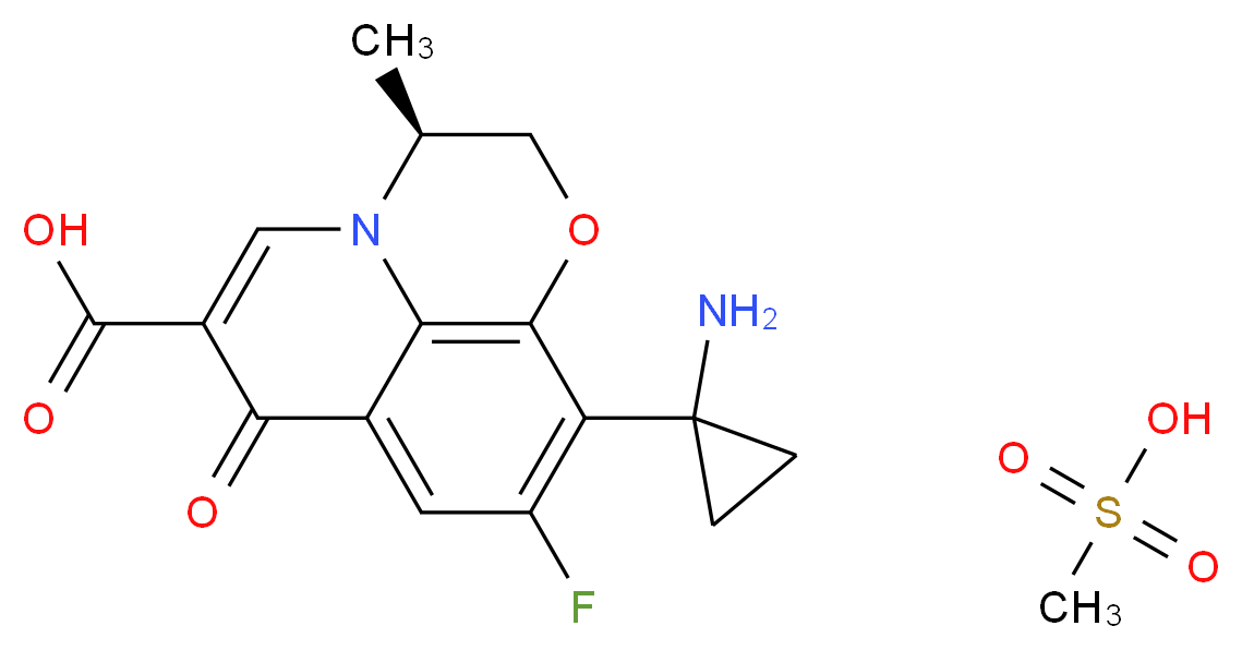 (2S)-6-(1-aminocyclopropyl)-7-fluoro-2-methyl-10-oxo-4-oxa-1-azatricyclo[7.3.1.0<sup>5</sup>,<sup>1</sup><sup>3</sup>]trideca-5(13),6,8,11-tetraene-11-carboxylic acid; methanesulfonic acid_分子结构_CAS_163680-77-1