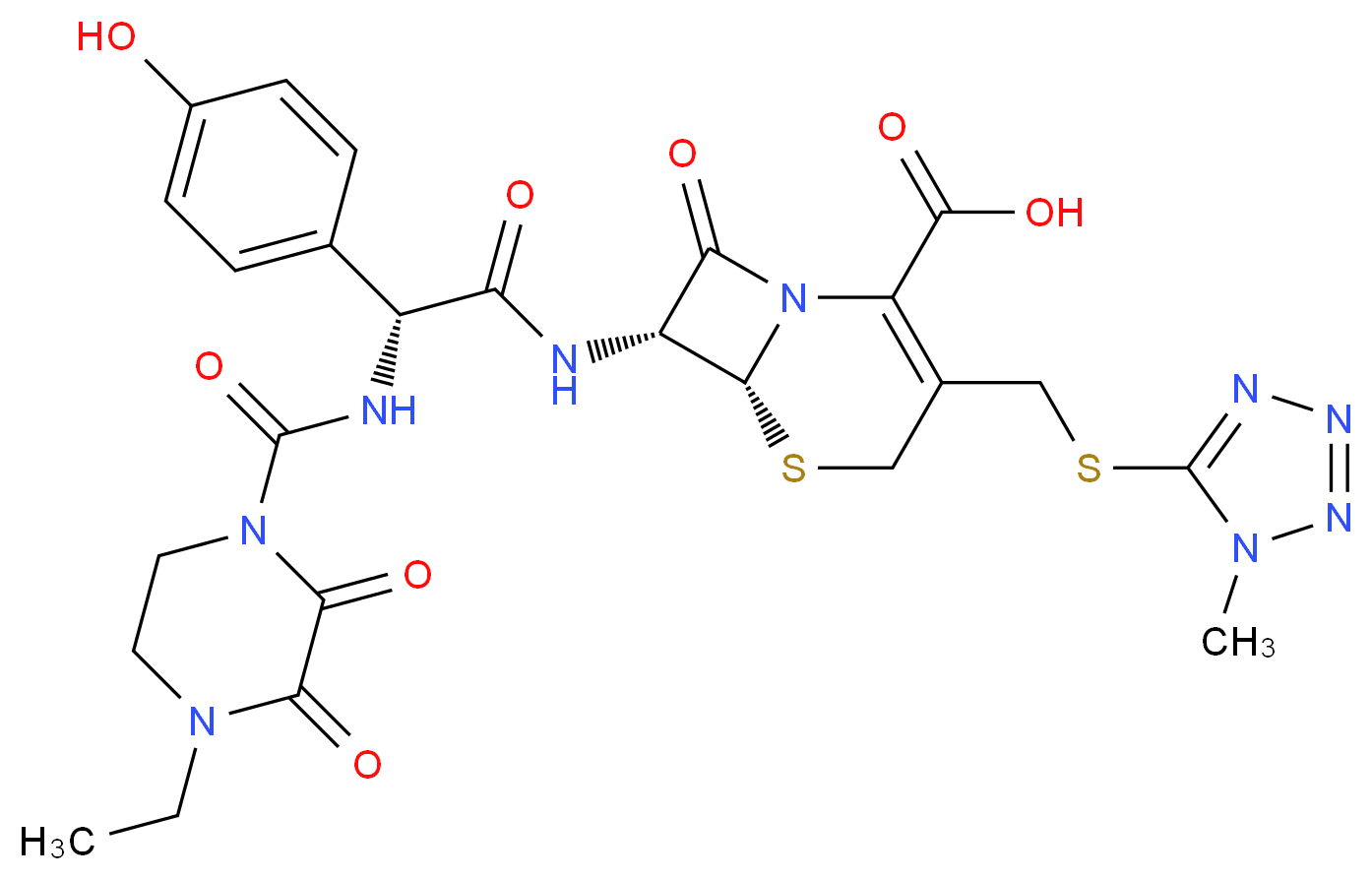 (6R,7R)-7-[(2R)-2-[(4-ethyl-2,3-dioxopiperazine-1-carbonyl)amino]-2-(4-hydroxyphenyl)acetamido]-3-{[(1-methyl-1H-1,2,3,4-tetrazol-5-yl)sulfanyl]methyl}-8-oxo-5-thia-1-azabicyclo[4.2.0]oct-2-ene-2-carboxylic acid_分子结构_CAS_62893-19-0