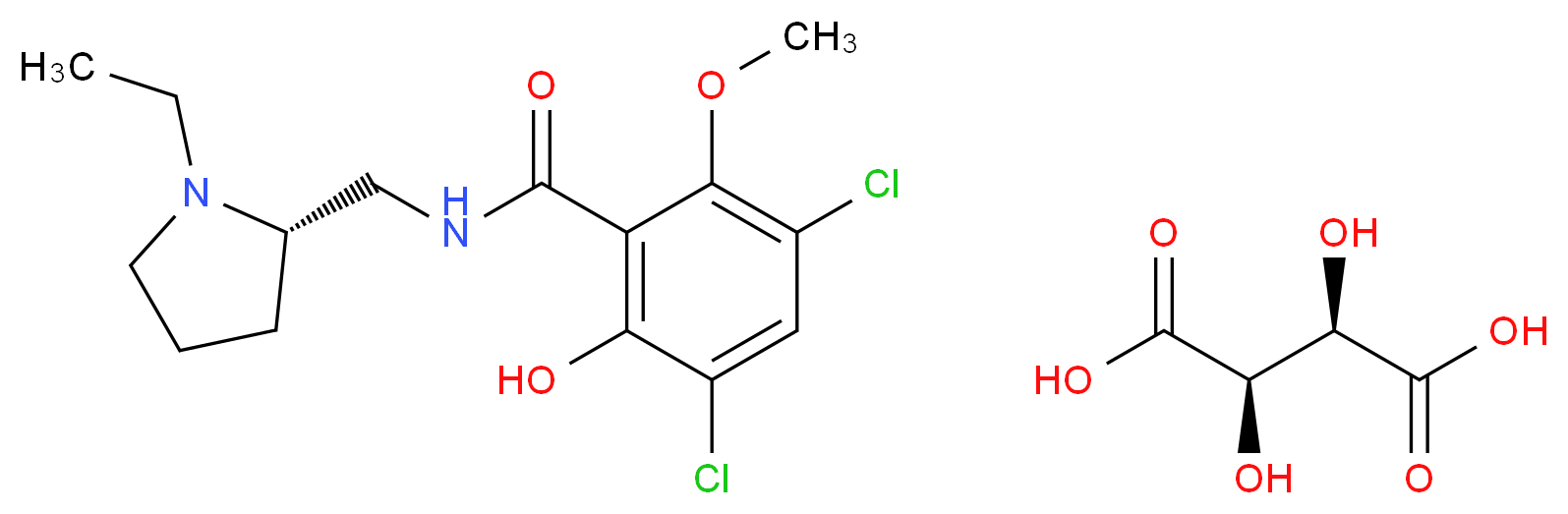 (2R,3R)-2,3-dihydroxybutanedioic acid; 3,5-dichloro-N-{[(2S)-1-ethylpyrrolidin-2-yl]methyl}-2-hydroxy-6-methoxybenzamide_分子结构_CAS_98185-20-7