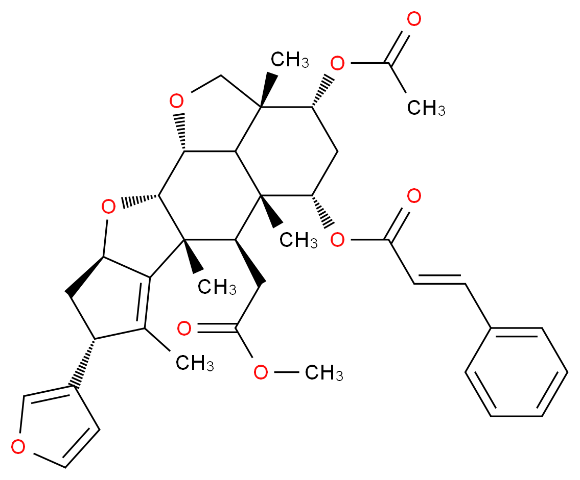 (1R,2S,4R,6R,9R,10R,11R,12S,14R,15R,18R)-14-(acetyloxy)-6-(furan-3-yl)-10-(2-methoxy-2-oxoethyl)-7,9,11,15-tetramethyl-3,17-dioxapentacyclo[9.6.1.0<sup>2</sup>,<sup>9</sup>.0<sup>4</sup>,<sup>8</sup>.0<sup>1</sup><sup>5</sup>,<sup>1</sup><sup>8</sup>]octadec-7-en-12-yl (2E)-3-phenylprop-2-enoate_分子结构_CAS_67023-81-8