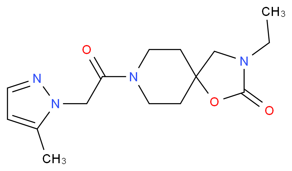 3-ethyl-8-[(5-methyl-1H-pyrazol-1-yl)acetyl]-1-oxa-3,8-diazaspiro[4.5]decan-2-one_分子结构_CAS_)