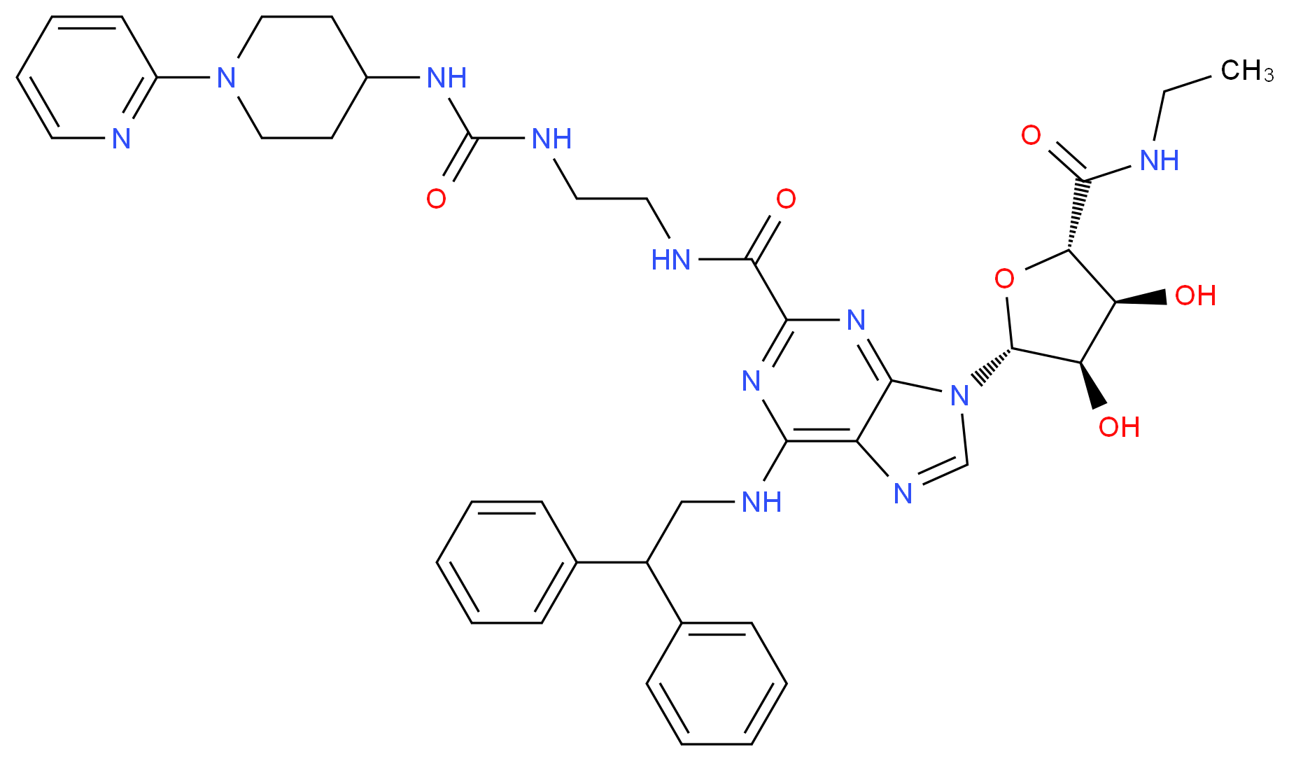 6-[(2,2-diphenylethyl)amino]-9-[(2R,3R,4S,5S)-5-(ethylcarbamoyl)-3,4-dihydroxyoxolan-2-yl]-N-[2-({[1-(pyridin-2-yl)piperidin-4-yl]carbamoyl}amino)ethyl]-9H-purine-2-carboxamide_分子结构_CAS_380221-63-6