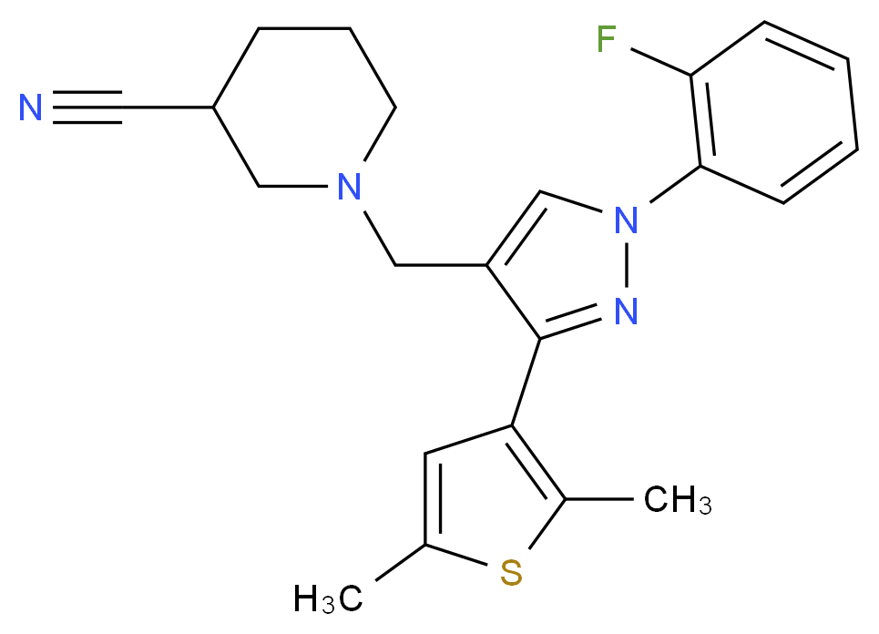 1-{[3-(2,5-dimethyl-3-thienyl)-1-(2-fluorophenyl)-1H-pyrazol-4-yl]methyl}-3-piperidinecarbonitrile_分子结构_CAS_)