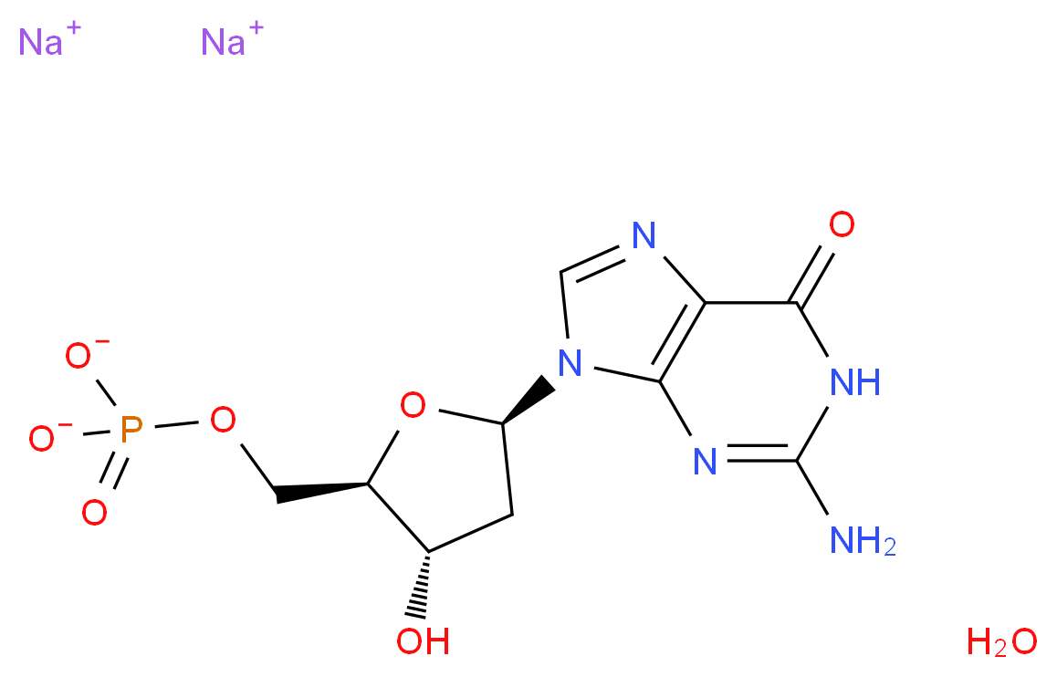 disodium hydrate [(2R,3S,5R)-5-(2-amino-6-oxo-6,9-dihydro-1H-purin-9-yl)-3-hydroxyoxolan-2-yl]methyl phosphate_分子结构_CAS_33430-61-4