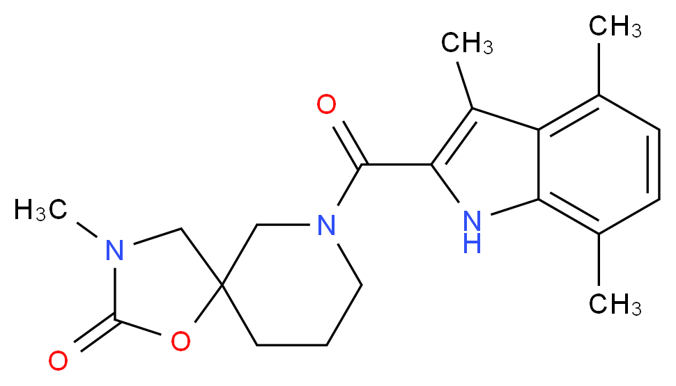 3-methyl-7-[(3,4,7-trimethyl-1H-indol-2-yl)carbonyl]-1-oxa-3,7-diazaspiro[4.5]decan-2-one_分子结构_CAS_)