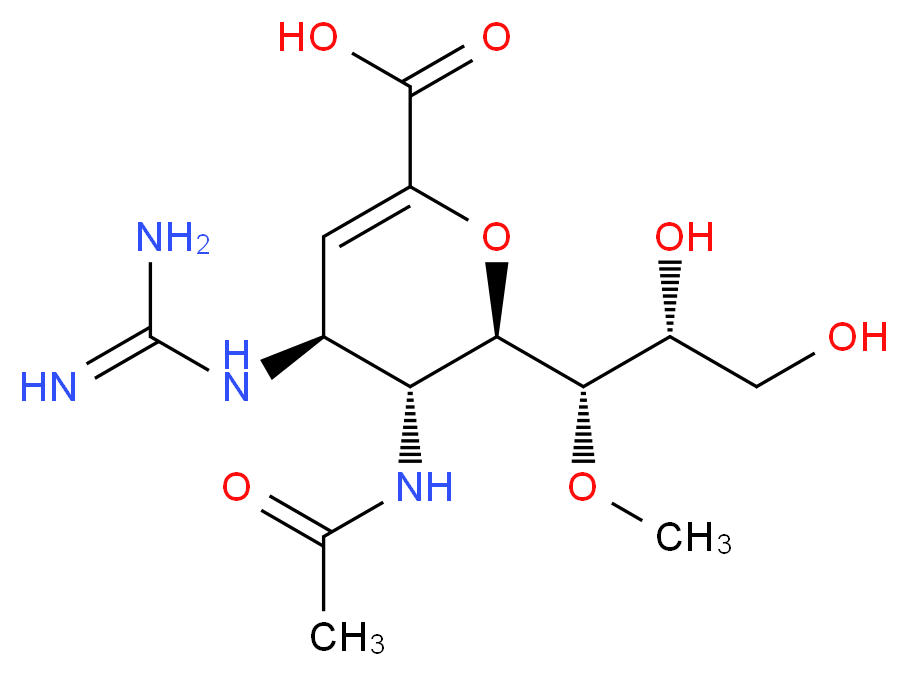 (2R,3R,4S)-4-carbamimidamido-2-[(1S,2R)-2,3-dihydroxy-1-methoxypropyl]-3-acetamido-3,4-dihydro-2H-pyran-6-carboxylic acid_分子结构_CAS_203120-17-6