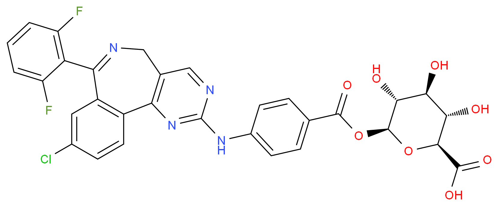 (2S,3S,4S,5R,6S)-6-(4-{[13-chloro-10-(2,6-difluorophenyl)-3,5,9-triazatricyclo[9.4.0.0<sup>2</sup>,<sup>7</sup>]pentadeca-1(11),2(7),3,5,9,12,14-heptaen-4-yl]amino}benzoyloxy)-3,4,5-trihydroxyoxane-2-carboxylic acid_分子结构_CAS_1203589-02-9