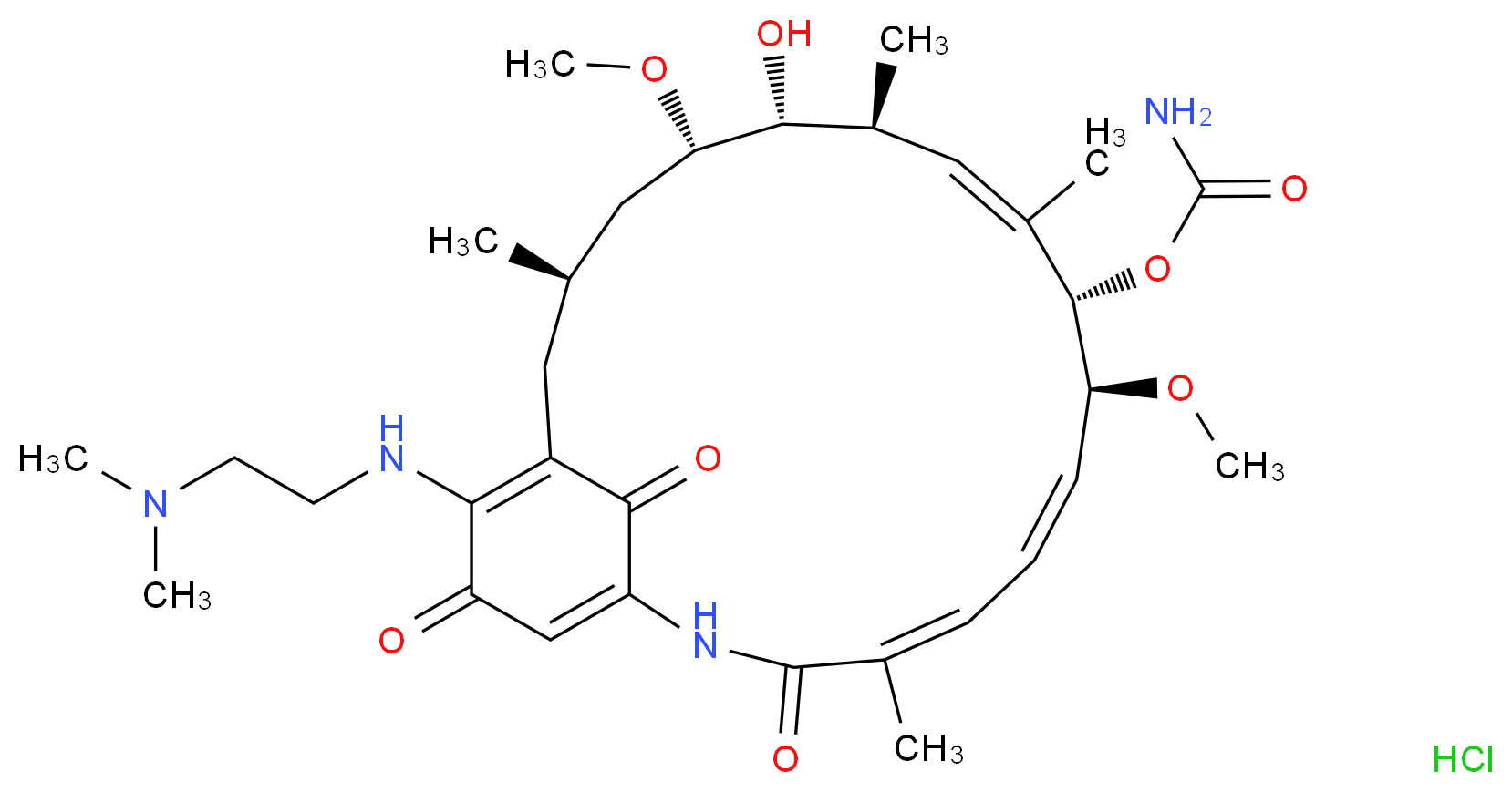 (4E,6Z,8S,9S,10E,12S,13R,14S,16R)-19-{[2-(dimethylamino)ethyl]amino}-13-hydroxy-8,14-dimethoxy-4,10,12,16-tetramethyl-3,20,22-trioxo-2-azabicyclo[16.3.1]docosa-1(21),4,6,10,18-pentaen-9-yl carbamate hydrochloride_分子结构_CAS_467214-21-7