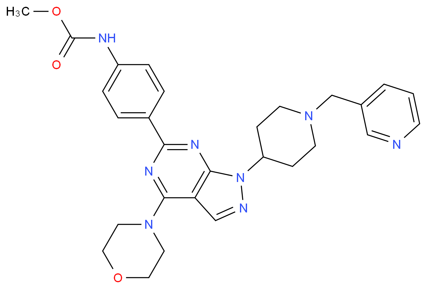 methyl N-{4-[4-(morpholin-4-yl)-1-[1-(pyridin-3-ylmethyl)piperidin-4-yl]-1H-pyrazolo[3,4-d]pyrimidin-6-yl]phenyl}carbamate_分子结构_CAS_1062161-90-3