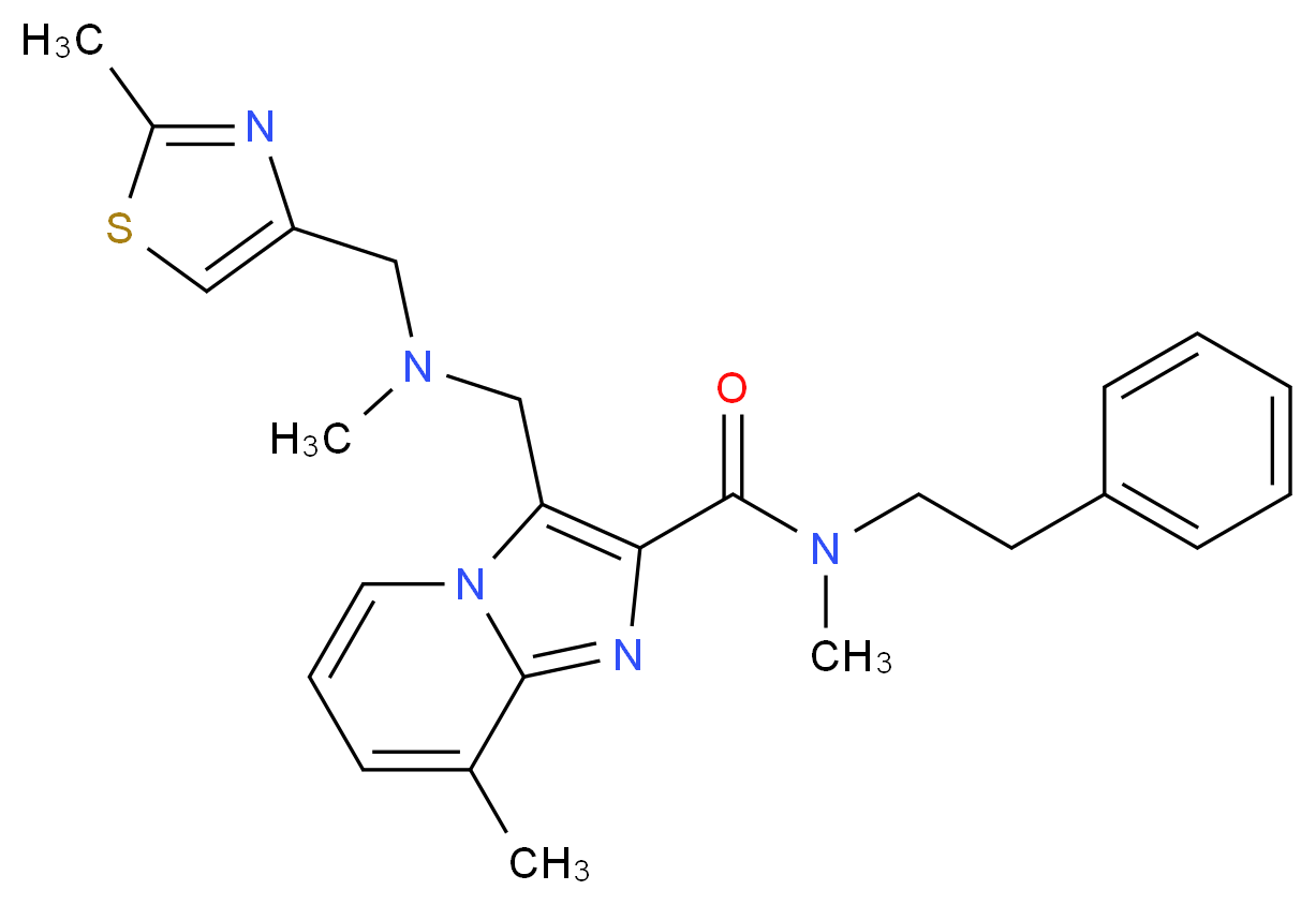 N,8-dimethyl-3-({methyl[(2-methyl-1,3-thiazol-4-yl)methyl]amino}methyl)-N-(2-phenylethyl)imidazo[1,2-a]pyridine-2-carboxamide_分子结构_CAS_)