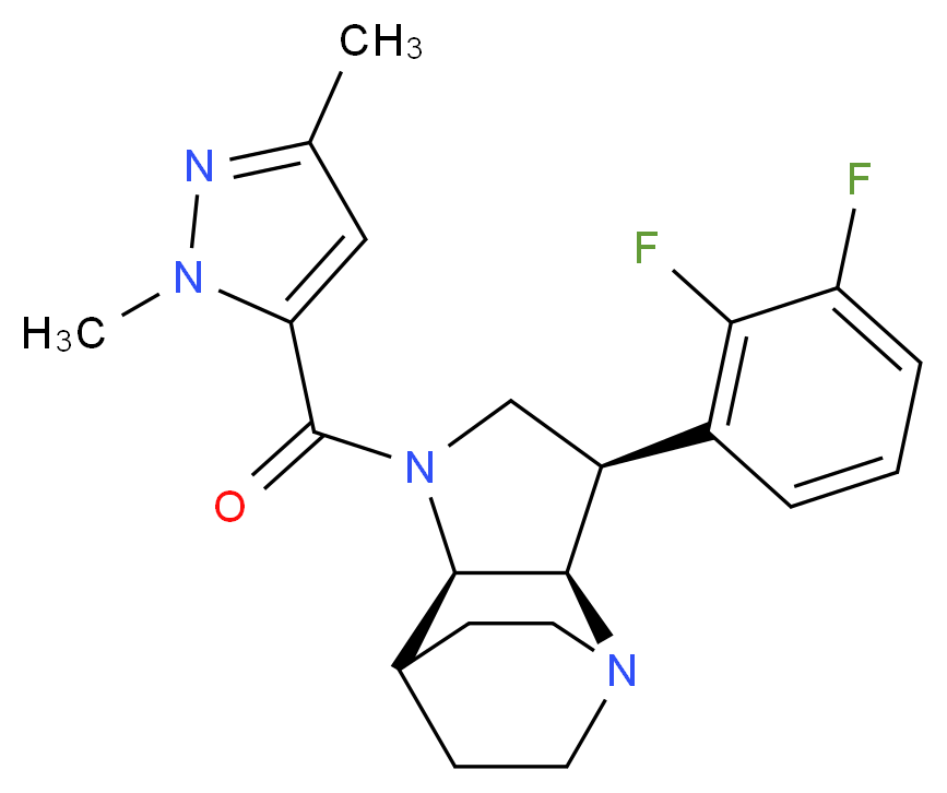 (3R*,3aR*,7aR*)-3-(2,3-difluorophenyl)-1-[(1,3-dimethyl-1H-pyrazol-5-yl)carbonyl]octahydro-4,7-ethanopyrrolo[3,2-b]pyridine_分子结构_CAS_)