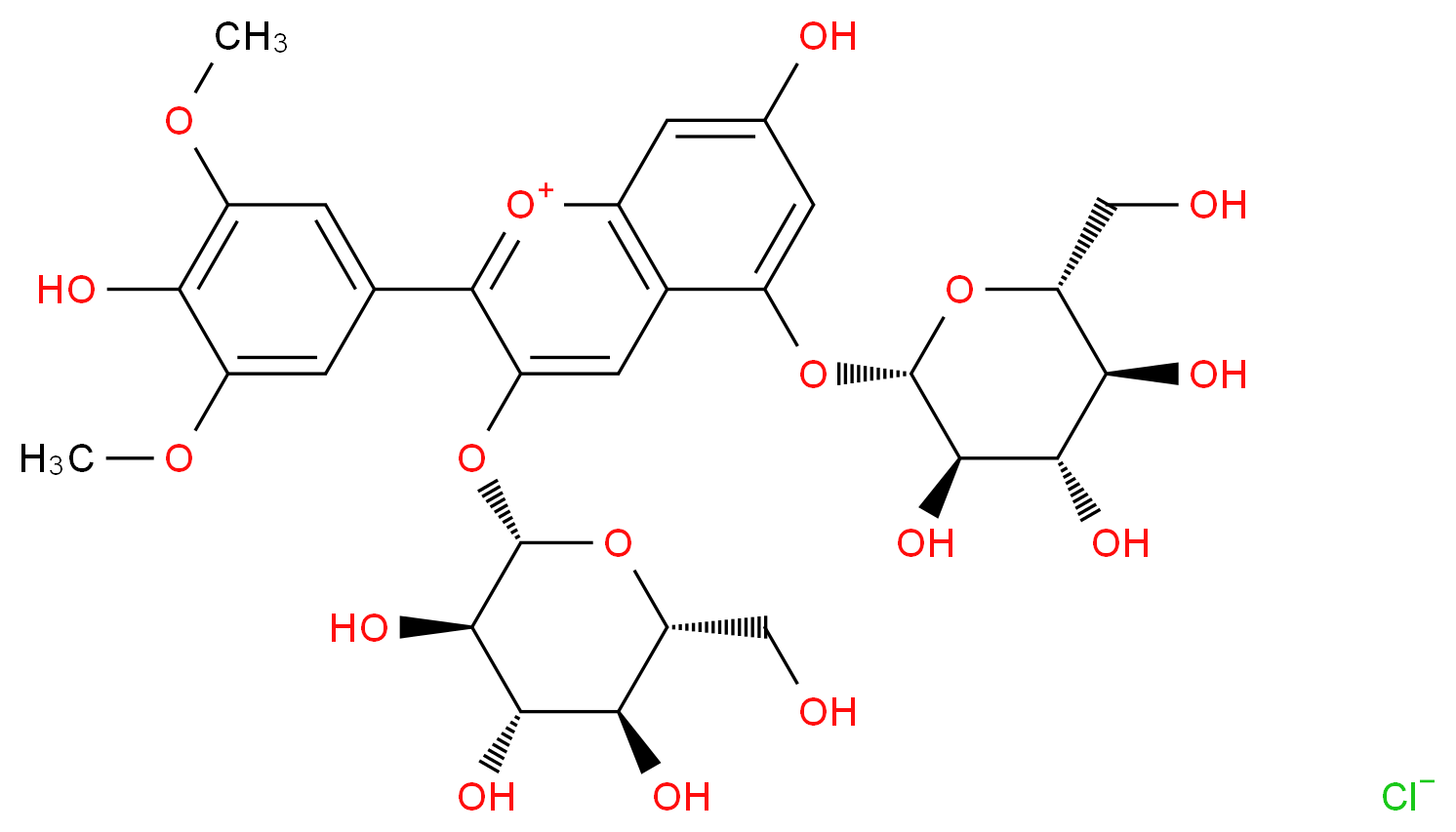 7-hydroxy-2-(4-hydroxy-3,5-dimethoxyphenyl)-3,5-bis({[(2S,3R,4S,5S,6R)-3,4,5-trihydroxy-6-(hydroxymethyl)oxan-2-yl]oxy})-1λ<sup>4</sup>-chromen-1-ylium chloride_分子结构_CAS_16727-30-3