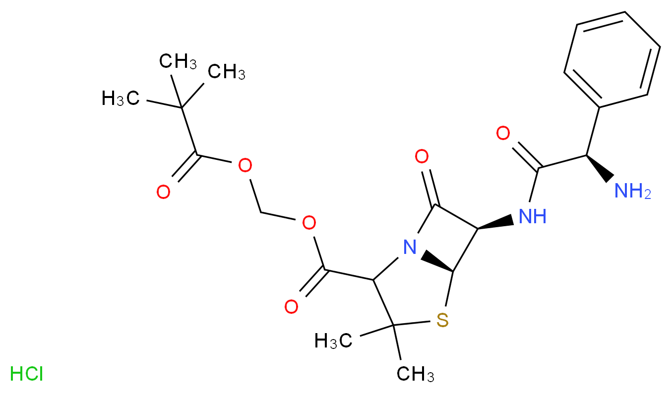 [(5R,6R)-6-[(2R)-2-amino-2-phenylacetamido]-3,3-dimethyl-7-oxo-4-thia-1-azabicyclo[3.2.0]heptane-2-carbonyloxy]methyl 2,2-dimethylpropanoate hydrochloride_分子结构_CAS_26309-95-5