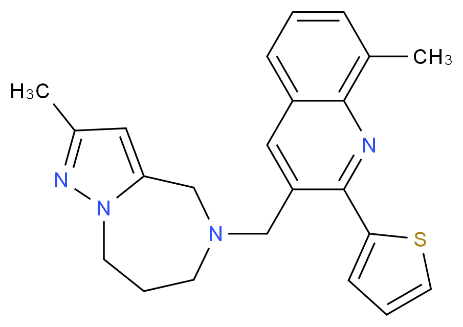 2-methyl-5-{[8-methyl-2-(2-thienyl)-3-quinolinyl]methyl}-5,6,7,8-tetrahydro-4H-pyrazolo[1,5-a][1,4]diazepine_分子结构_CAS_)