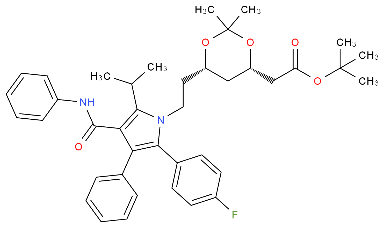 tert-butyl 2-[(4S,6S)-6-{2-[2-(4-fluorophenyl)-3-phenyl-4-(phenylcarbamoyl)-5-(propan-2-yl)-1H-pyrrol-1-yl]ethyl}-2,2-dimethyl-1,3-dioxan-4-yl]acetate_分子结构_CAS_472967-95-6