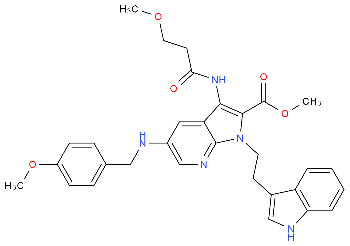 methyl 1-[2-(1H-indol-3-yl)ethyl]-5-[(4-methoxybenzyl)amino]-3-[(3-methoxypropanoyl)amino]-1H-pyrrolo[2,3-b]pyridine-2-carboxylate_分子结构_CAS_)