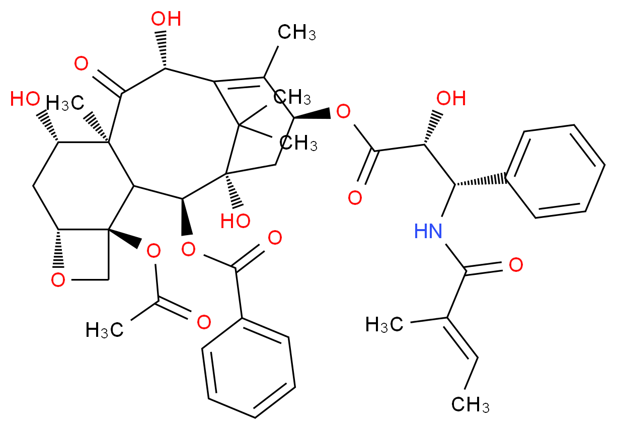 (1S,2S,3R,4S,7R,9S,10S,12R,15S)-4-(acetyloxy)-1,9,12-trihydroxy-15-{[(2R,3S)-2-hydroxy-3-[(2E)-2-methylbut-2-enamido]-3-phenylpropanoyl]oxy}-10,14,17,17-tetramethyl-11-oxo-6-oxatetracyclo[11.3.1.0<sup>3</sup>,<sup>1</sup><sup>0</sup>.0<sup>4</sup>,<sup>7</sup>]heptadec-13-en-2-yl benzoate_分子结构_CAS_76429-85-1