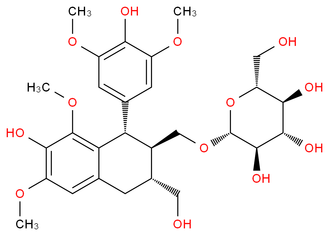 (2R,3R,4S,5S,6R)-2-{[(1S,2R,3R)-7-hydroxy-1-(4-hydroxy-3,5-dimethoxyphenyl)-3-(hydroxymethyl)-6,8-dimethoxy-1,2,3,4-tetrahydronaphthalen-2-yl]methoxy}-6-(hydroxymethyl)oxane-3,4,5-triol_分子结构_CAS_87585-32-8