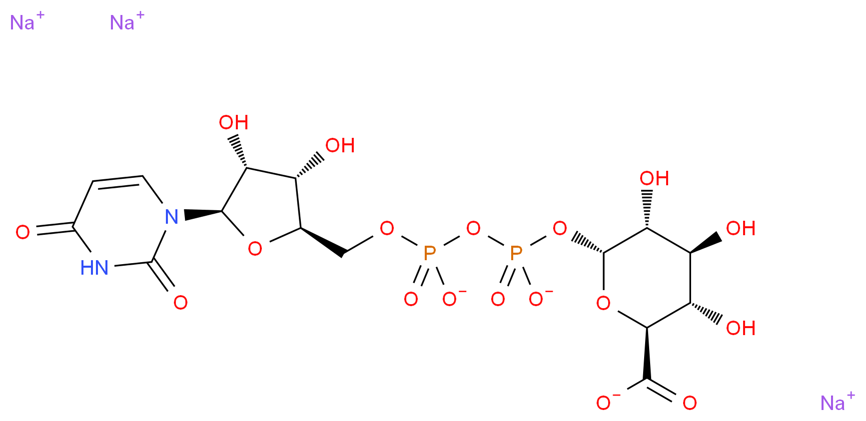 trisodium (2S,3S,4S,5R,6R)-6-{[({[(2R,3S,4R,5R)-5-(2,4-dioxo-1,2,3,4-tetrahydropyrimidin-1-yl)-3,4-dihydroxyoxolan-2-yl]methyl phosphonato}oxy)phosphinato]oxy}-3,4,5-trihydroxyoxane-2-carboxylate_分子结构_CAS_63700-19-6