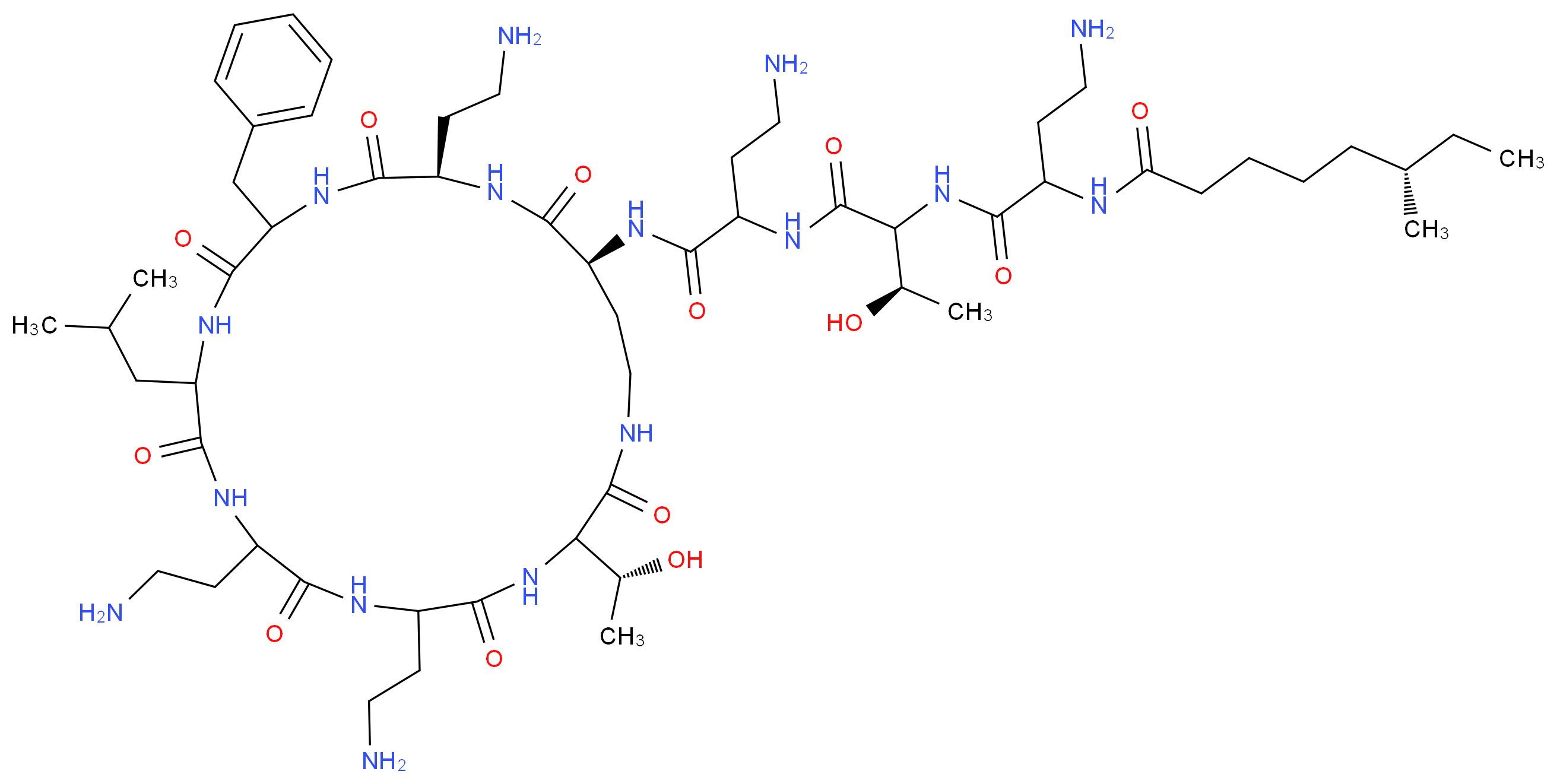 (6S)-N-(3-amino-1-{[(2R)-1-[(3-amino-1-{[(18R,21S)-6,9,18-tris(2-aminoethyl)-15-benzyl-3-[(1R)-1-hydroxyethyl]-12-(2-methylpropyl)-2,5,8,11,14,17,20-heptaoxo-1,4,7,10,13,16,19-heptaazacyclotricosan-21-yl]carbamoyl}propyl)carbamoyl]-2-hydroxypropyl]carbamoyl}propyl)-6-methyloctanamide_分子结构_CAS_1405-20-5