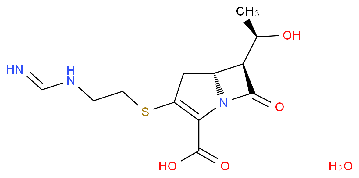 (5R,6S)-6-[(1R)-1-hydroxyethyl]-3-[(2-methanimidamidoethyl)sulfanyl]-7-oxo-1-azabicyclo[3.2.0]hept-2-ene-2-carboxylic acid hydrate_分子结构_CAS_74431-23-5