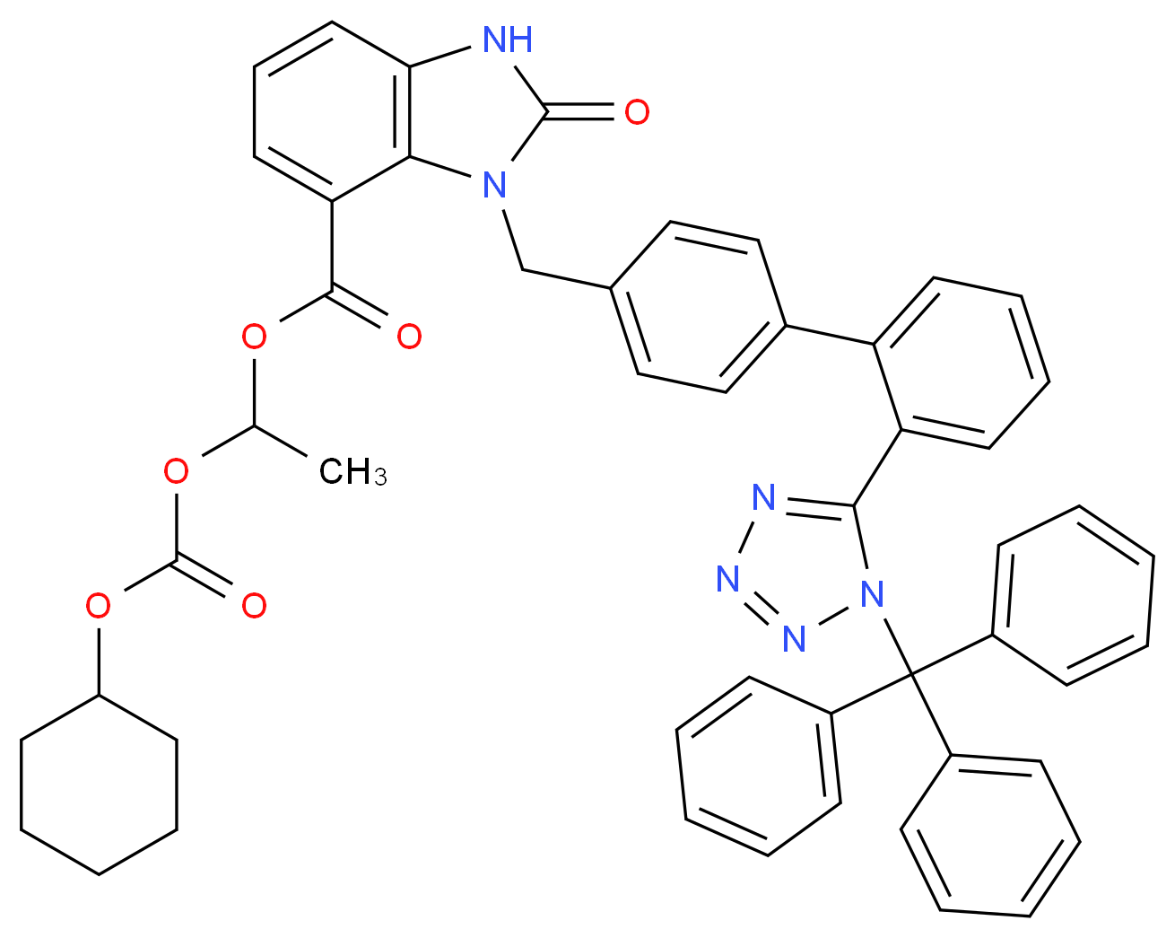 1-{[(cyclohexyloxy)carbonyl]oxy}ethyl 2-oxo-3-[(4-{2-[1-(triphenylmethyl)-1H-1,2,3,4-tetrazol-5-yl]phenyl}phenyl)methyl]-2,3-dihydro-1H-1,3-benzodiazole-4-carboxylate_分子结构_CAS_934495-65-5