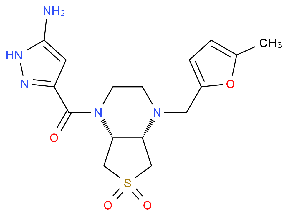 3-{[(4aS*,7aR*)-4-[(5-methyl-2-furyl)methyl]-6,6-dioxidohexahydrothieno[3,4-b]pyrazin-1(2H)-yl]carbonyl}-1H-pyrazol-5-amine_分子结构_CAS_)